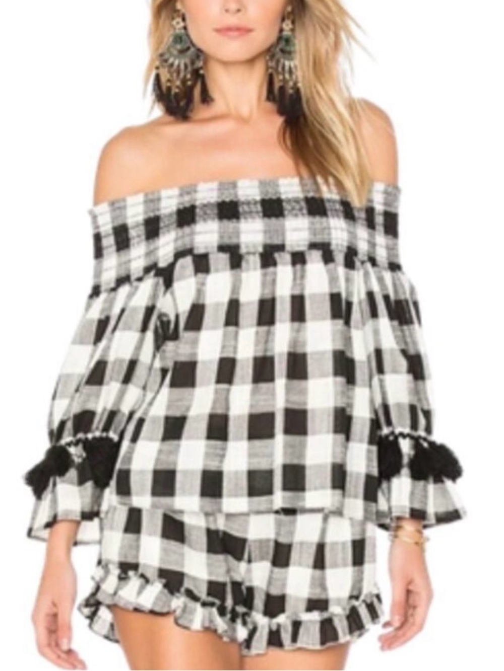 #446 MISA LOS ANGELES Genevieve Black & White Gingham Off-Shoulder Blouse